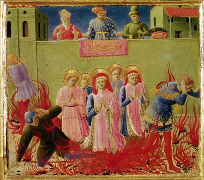 SS. Cosmas en Damian veroordeeld om op de brandstapel te verbranden, predella van het Annalena Altaarstuk, 1434 door Fra Angelico